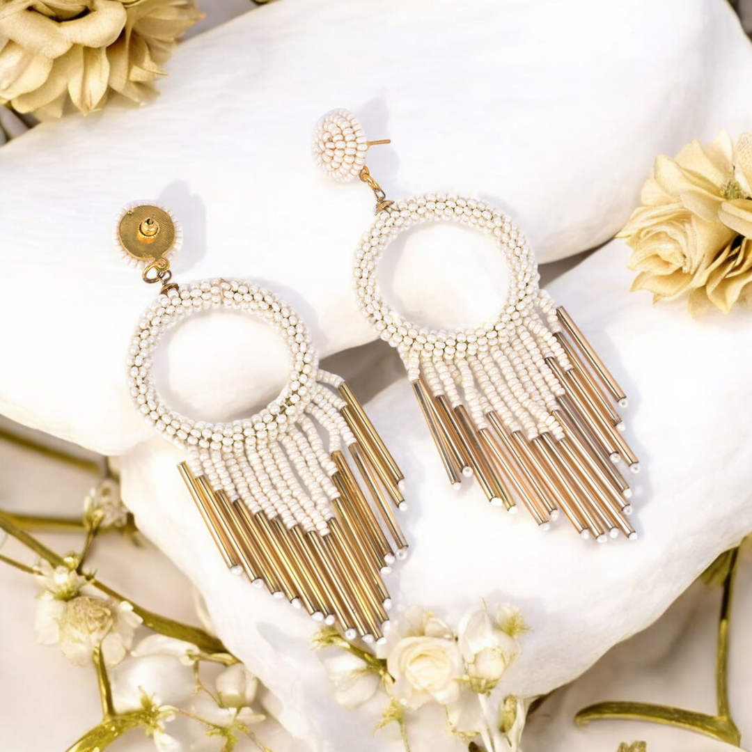 Bamboology Trends White Beaded Hoop Earrings with Gold Fringe – Elegant Statement Jewellery