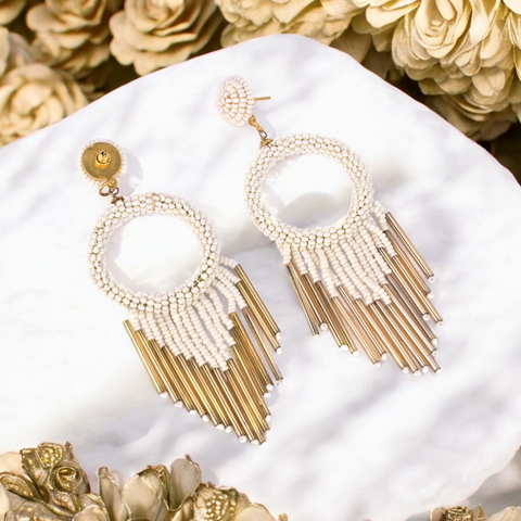 Bamboology Trends White Beaded Hoop Earrings with Gold Fringe – Elegant Statement Jewellery