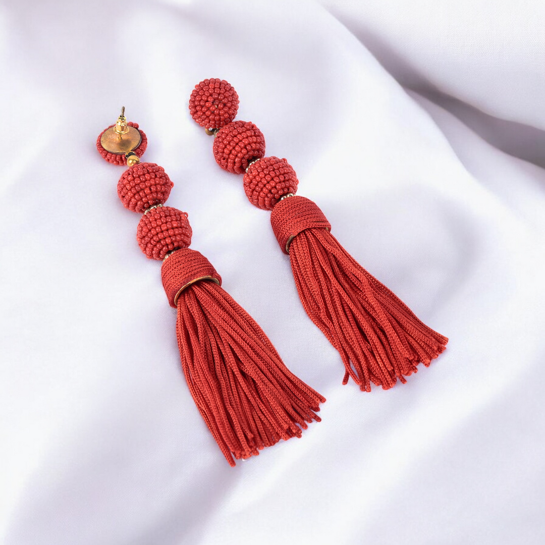 Bamboology Trends Elegant Red Beaded Tassel Earrings - Statement Jewellery