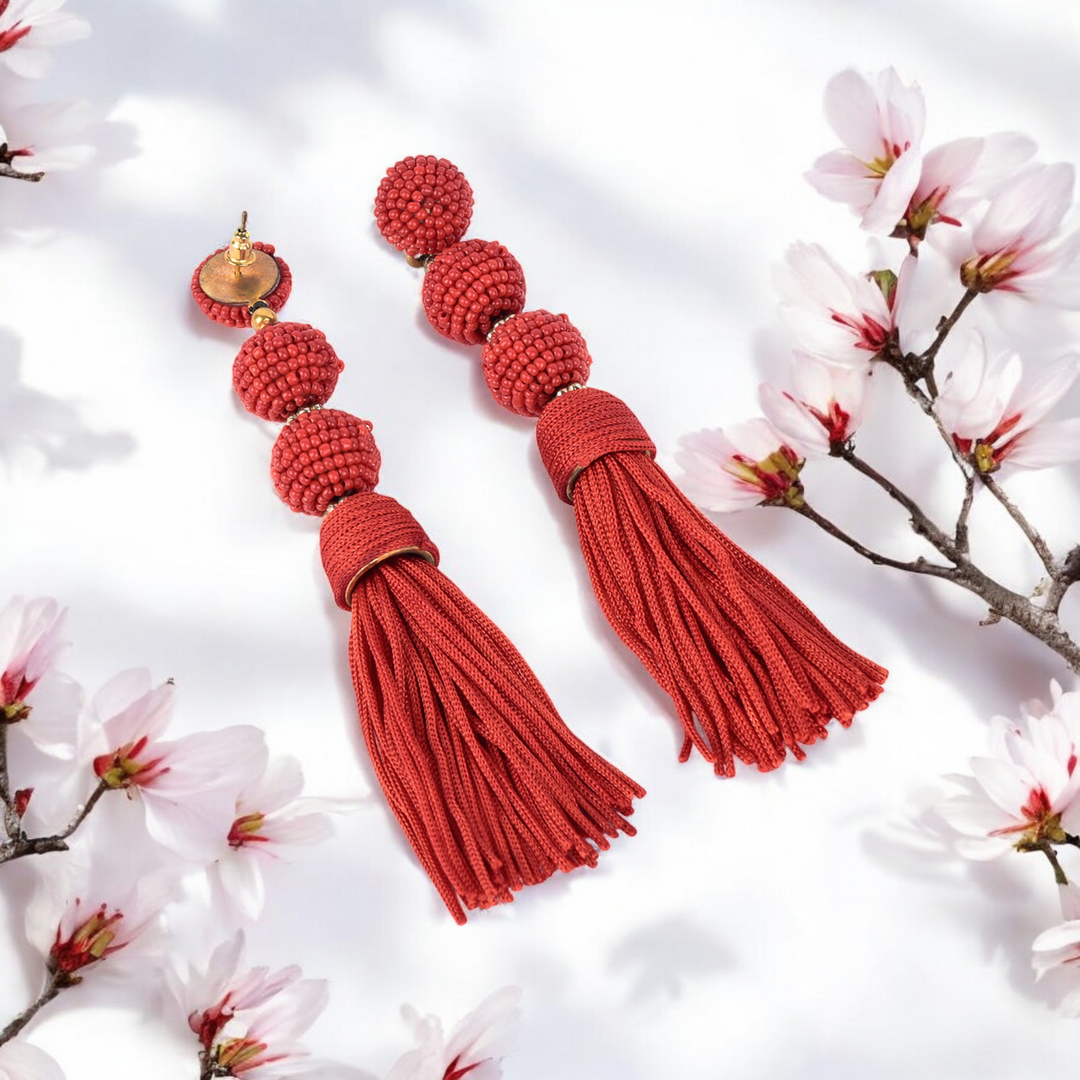 Bamboology Trends Elegant Red Beaded Tassel Earrings - Statement Jewellery