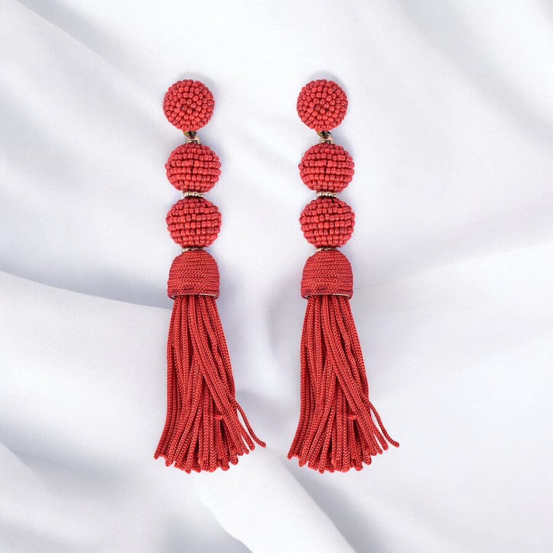 Bamboology Trends Elegant Red Beaded Tassel Earrings - Statement Jewellery