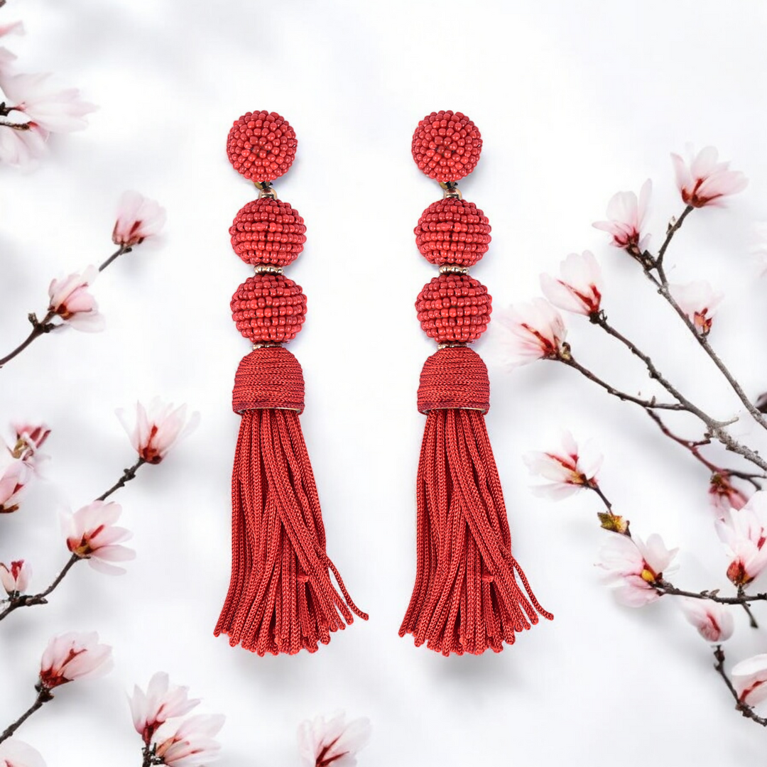 Bamboology Trends Elegant Red Beaded Tassel Earrings - Statement Jewellery