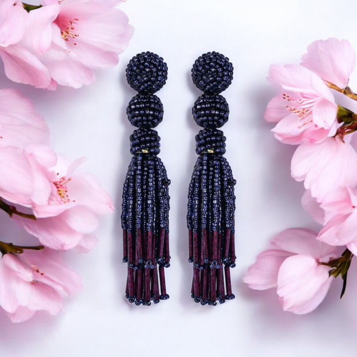 Bamboology Trends Chic Navy Blue Beaded Tassel Earrings - Sophisticated Statement jewellery