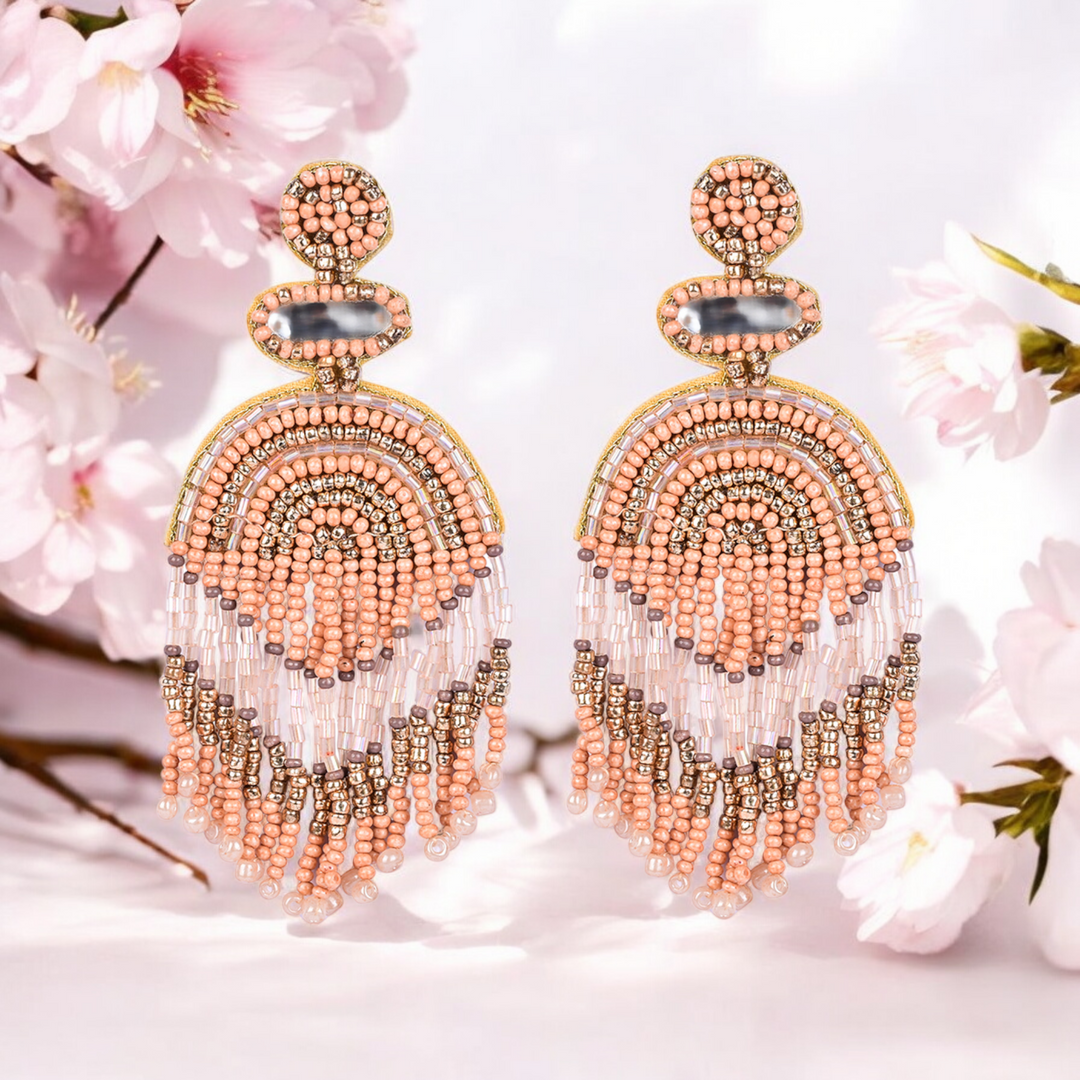 Bamboology Trends Boho Chic Beaded Dangle Earrings - Peach and Gold Statement Jewellery