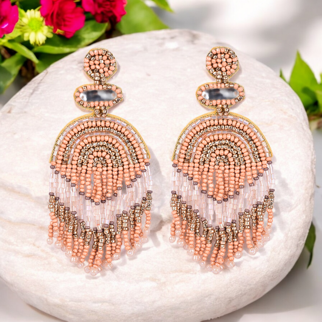 Bamboology Trends Boho Chic Beaded Dangle Earrings - Peach and Gold Statement Jewellery