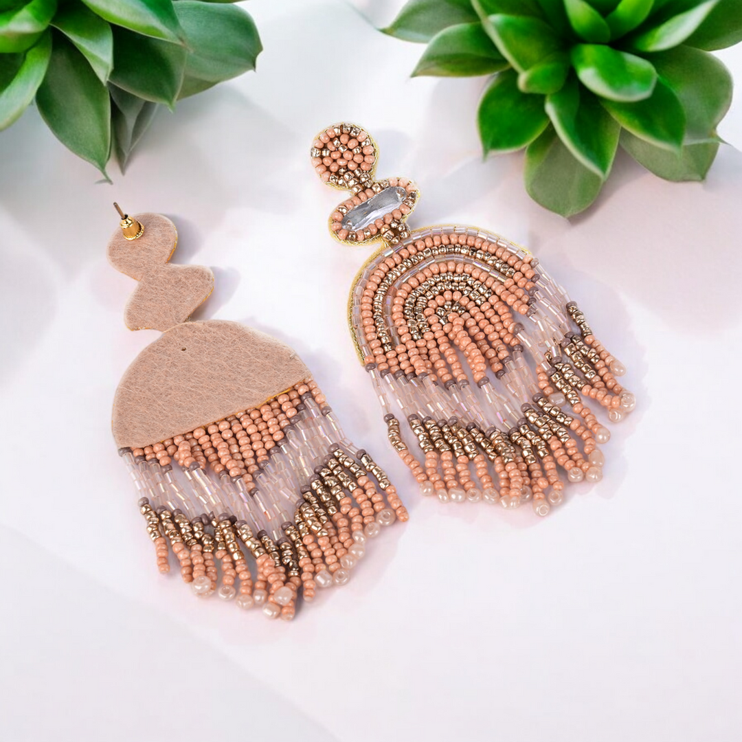 Bamboology Trends Boho Chic Beaded Dangle Earrings - Peach and Gold Statement Jewellery
