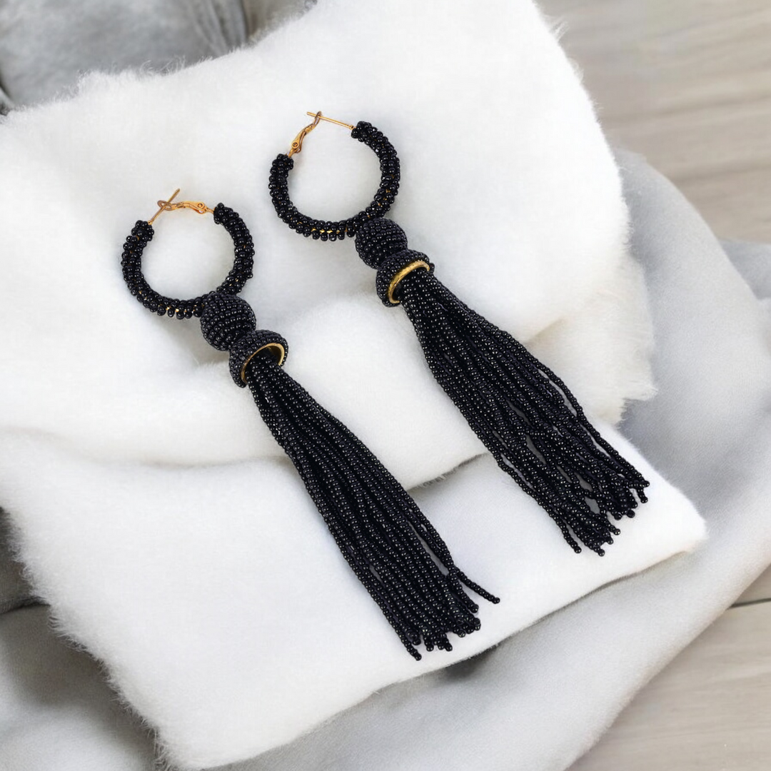 Bamboology Trends Elegant Black Beaded Hoop Earrings with Tassel Detail