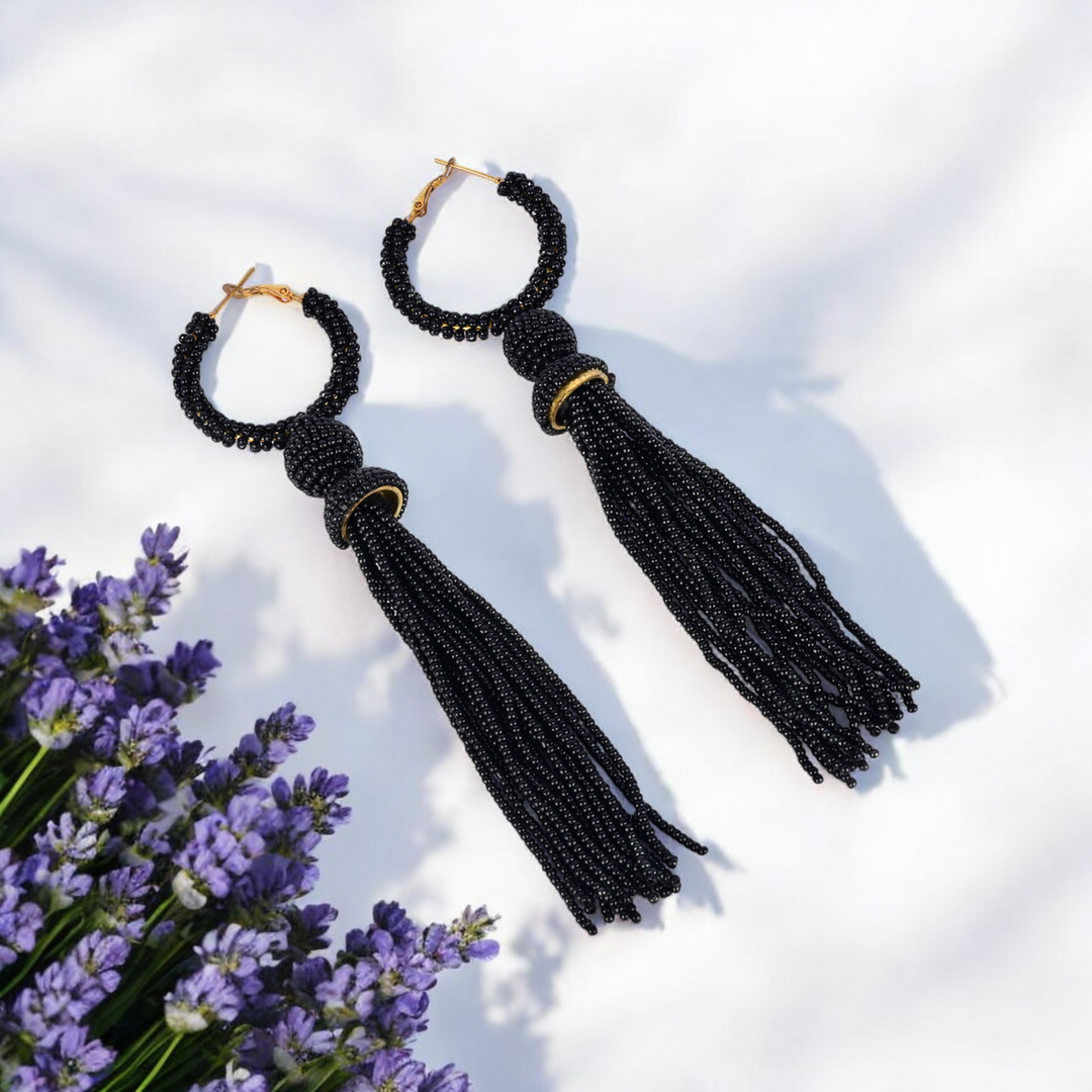 Bamboology Trends Elegant Black Beaded Hoop Earrings with Tassel Detail