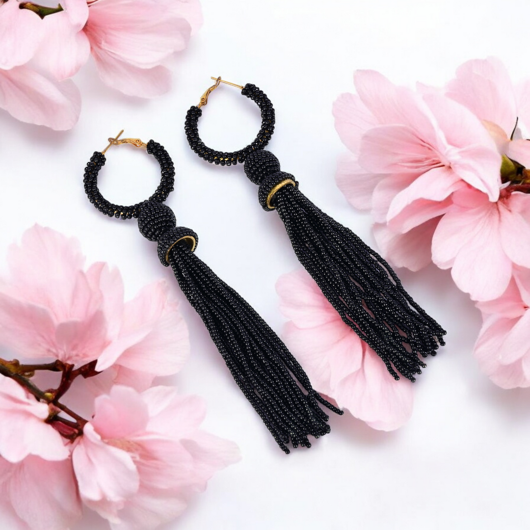 Bamboology Trends Elegant Black Beaded Hoop Earrings with Tassel Detail