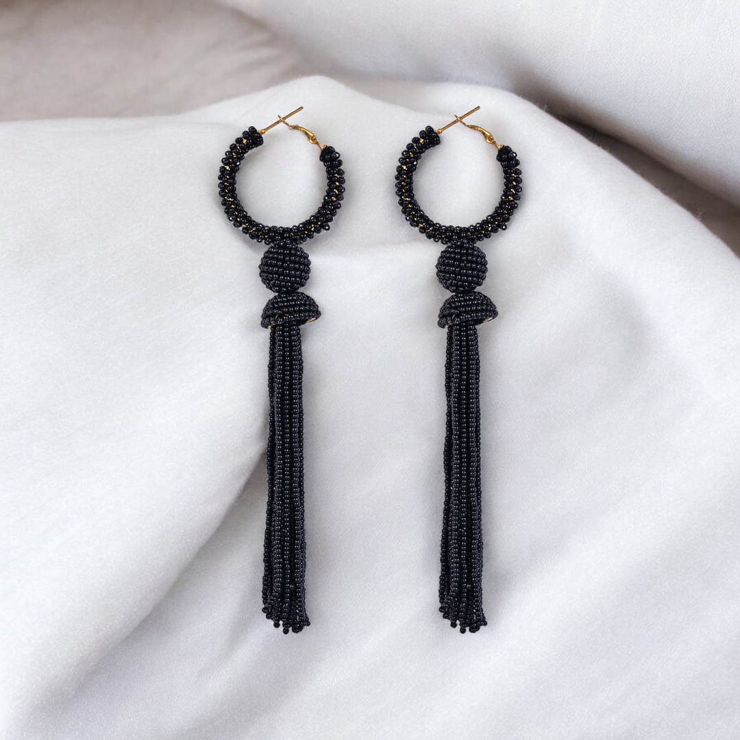 Bamboology Trends Elegant Black Beaded Hoop Earrings with Tassel Detail