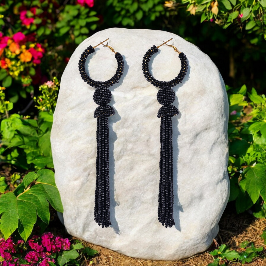 Bamboology Trends Elegant Black Beaded Hoop Earrings with Tassel Detail