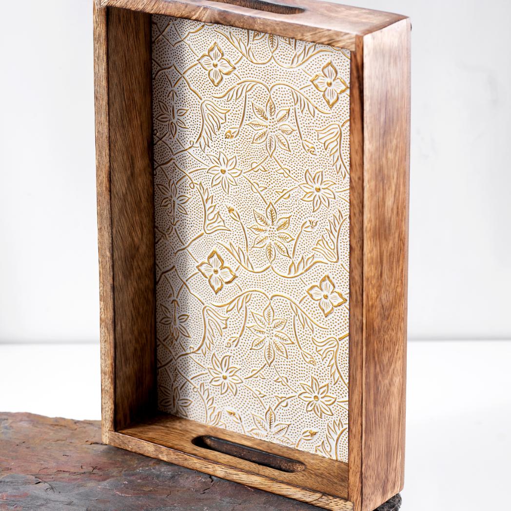 Araana Home Phulkari Gart Rectangular Tray with White Metal Sheet on Top