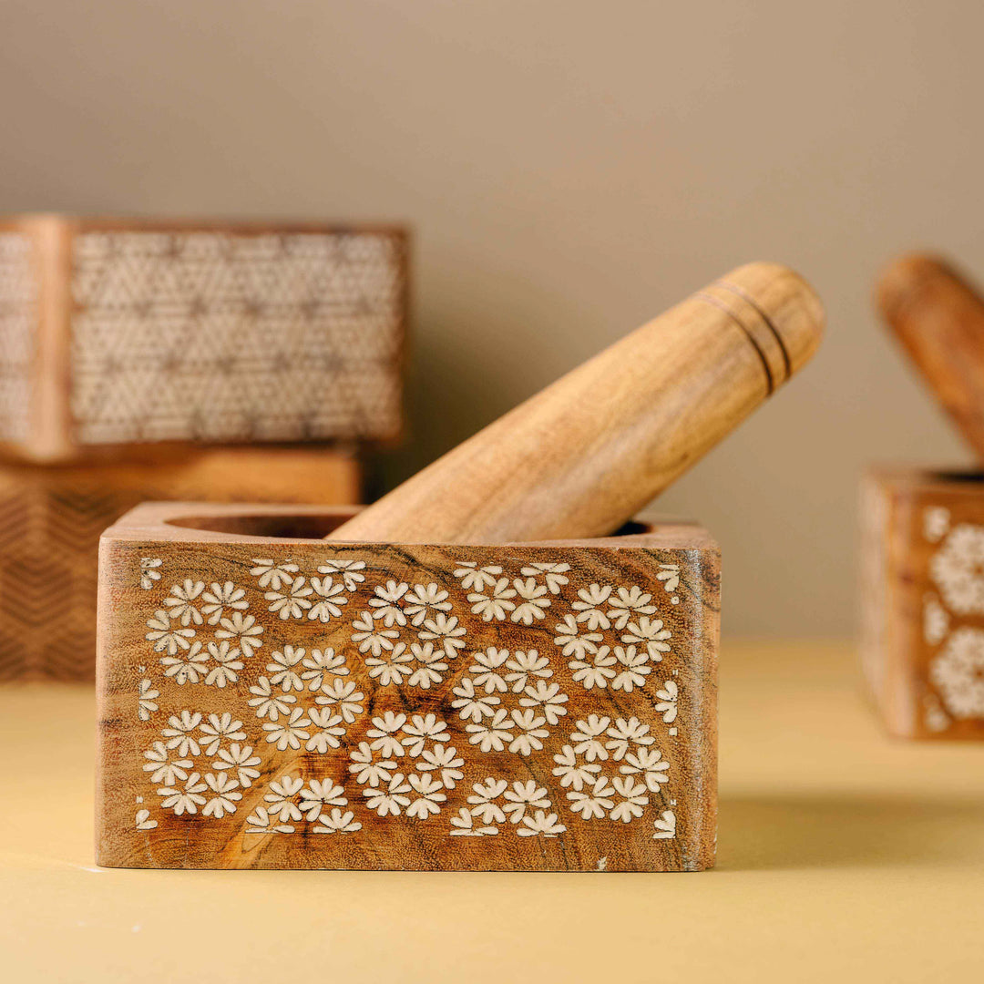 Araana Home Phulkari Okhli Engraved Wooden Mortar Pestle Set
