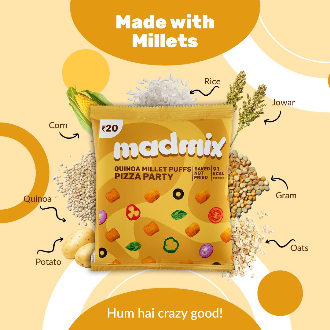 Madmix Quinoa Millet Puffs Pizza Party | Baked, Gluten-Free | 10 x 20 g