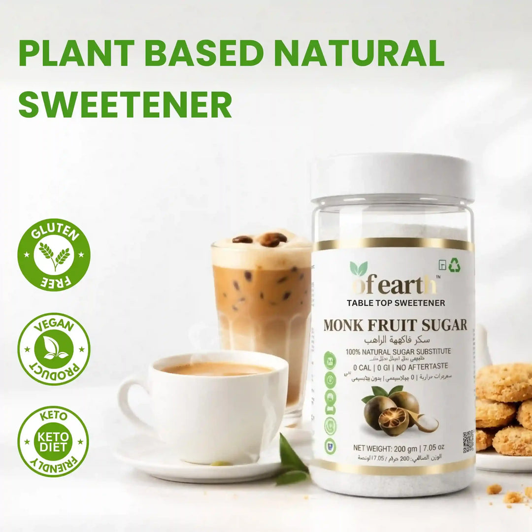 Of Earth Monk Fruit Sweetener With Erythritol | Zero-Glycemic Index, Low Calorie Sugar Substitute | 1:1 Sugar Replacer for Tea, Coffee, Drinks, Cooking & Baking | Plant Based | Keto, Vegan & Diabetic Friendly | 200g