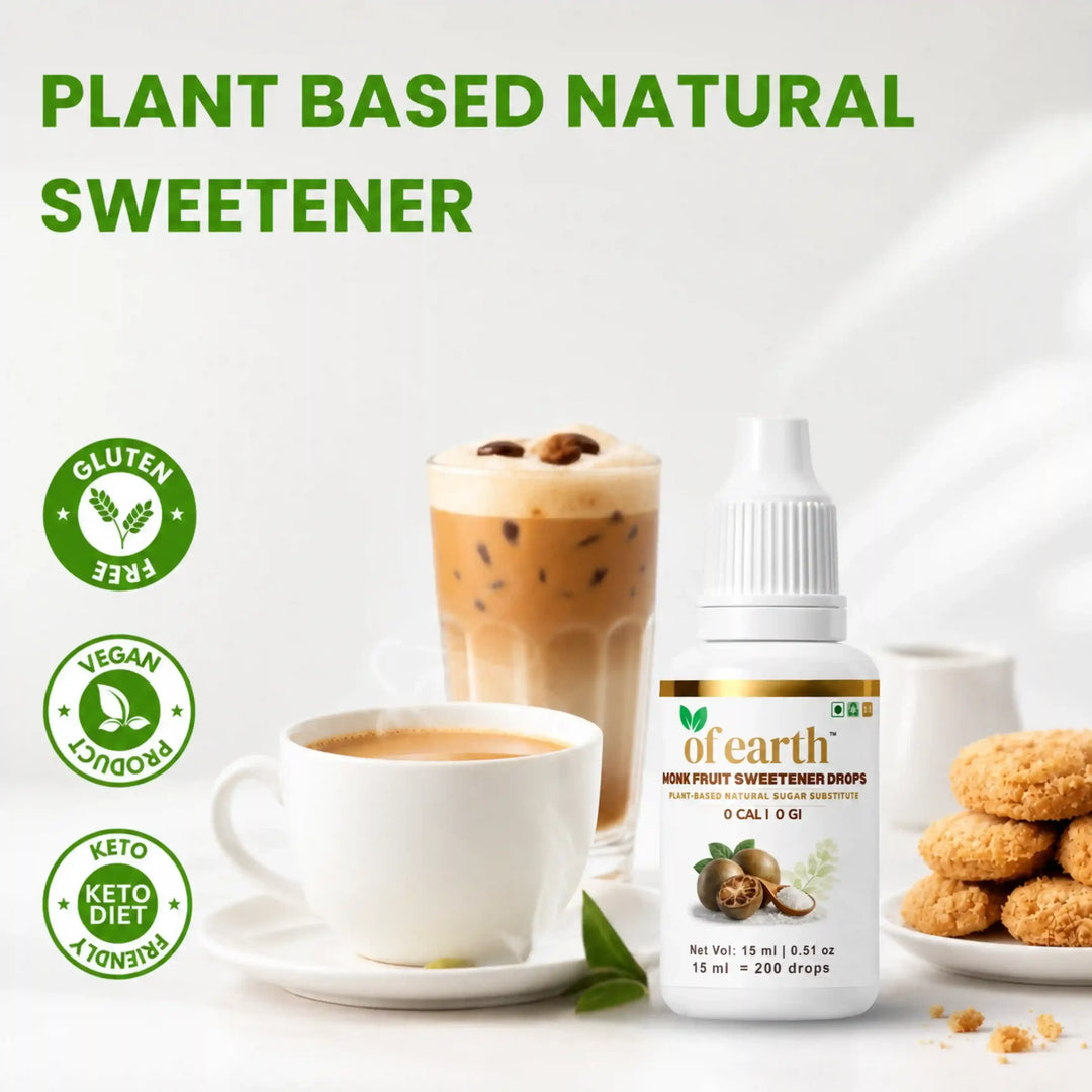 Of Earth Monk Fruit Sweetener | Pure Extract- No Erythritol, No Allulose | Zero- Glycemic Index Sugar Substitute | 1:1 Sugar Replacer for Tea, Coffee, Drinks | Plant-Based | Keto, Vegan & Diabetic Friendly | 1 drop = 1 spoon sugar | 15 ml