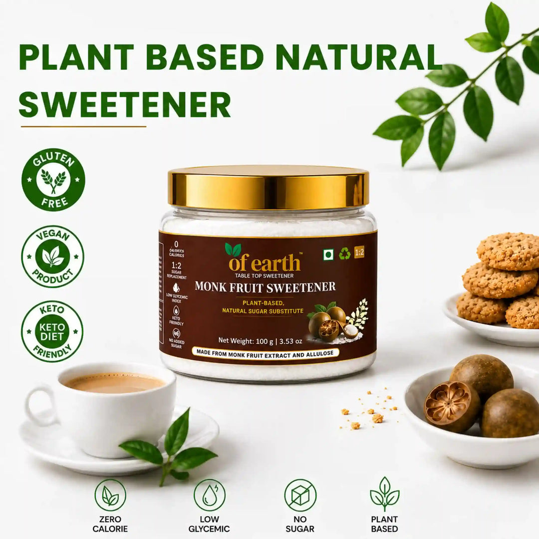 Of Earth Monk Fruit Sweetener With Allulose | Zero-Glycemic Index, Low Calorie Sugar Substitute | EASY 1:2 Sugar Replacement for Tea, Coffee, Cooking & Baking | Plant-Based | Keto, Vegan & Diabetic Friendly | 100g