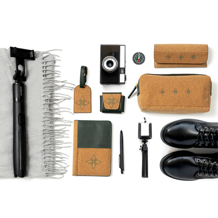 Plant leather Basil Holiday Travel Set with passport holder, travel tag, vanity pouch, AirPods cover and eyewear case by Green Hermitage