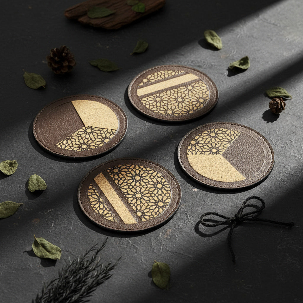 Plant leather coaster set in maroon with cork detailing by Green Hermitage