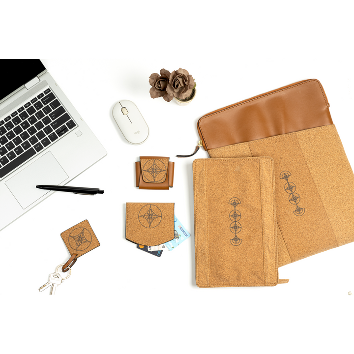 Plant leather work-on-the-go gift set with laptop sleeve, cable organiser, card holder, AirPods cover and keychain – Tan | Green Hermitage