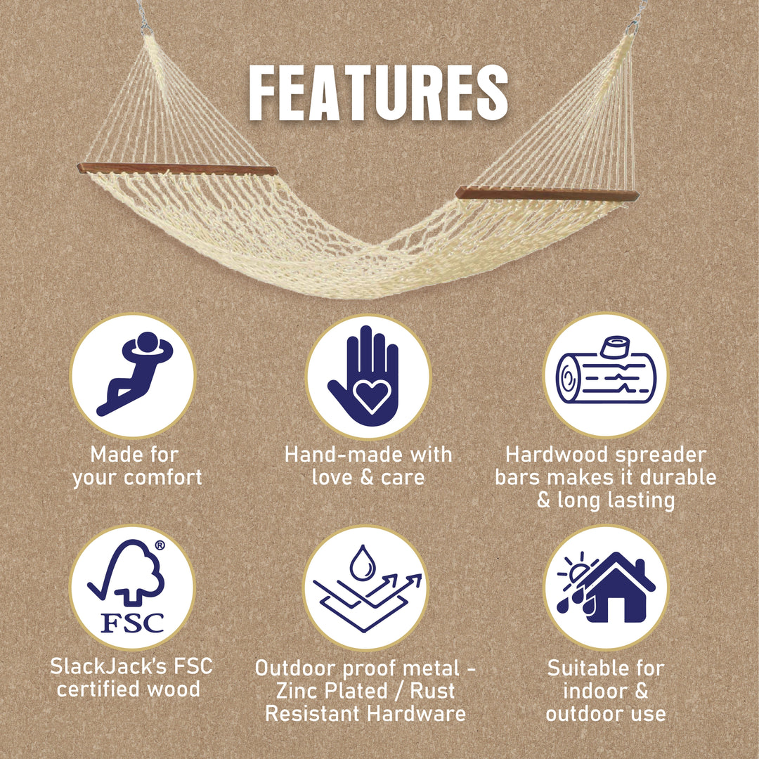 Slack Jack Polyester Rope Hammock for Single Person | Jhula for Adults & Kids with Hardwood Spreader Bars, Swing for Home Decor, Balcony, Patio, Garden | Includes Free Hanging Accessory