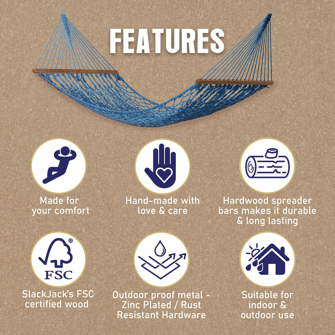 Slack Jack Polyester Rope Hammock for Single Person | Jhula for Adults & Kids with Hardwood Spreader Bars, Swing for Home Decor, Balcony, Patio, Garden | Includes Free Hanging Accessory