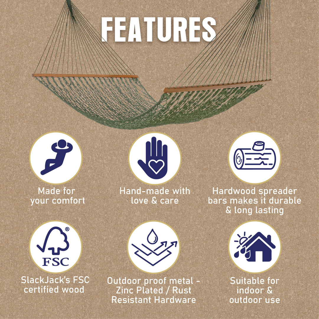 Slack Jack Polyester Rope Hammock for Single Person | Jhula for Adults & Kids with Hardwood Spreader Bars, Swing for Home Decor, Balcony, Patio, Garden | Includes Free Hanging Accessory