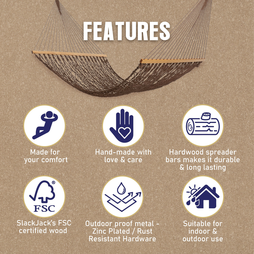 Slack Jack Polyester Rope Hammock for Single Person | Jhula for Adults & Kids with Hardwood Spreader Bars, Swing for Home Decor, Balcony, Patio, Garden | Includes Free Hanging Accessory