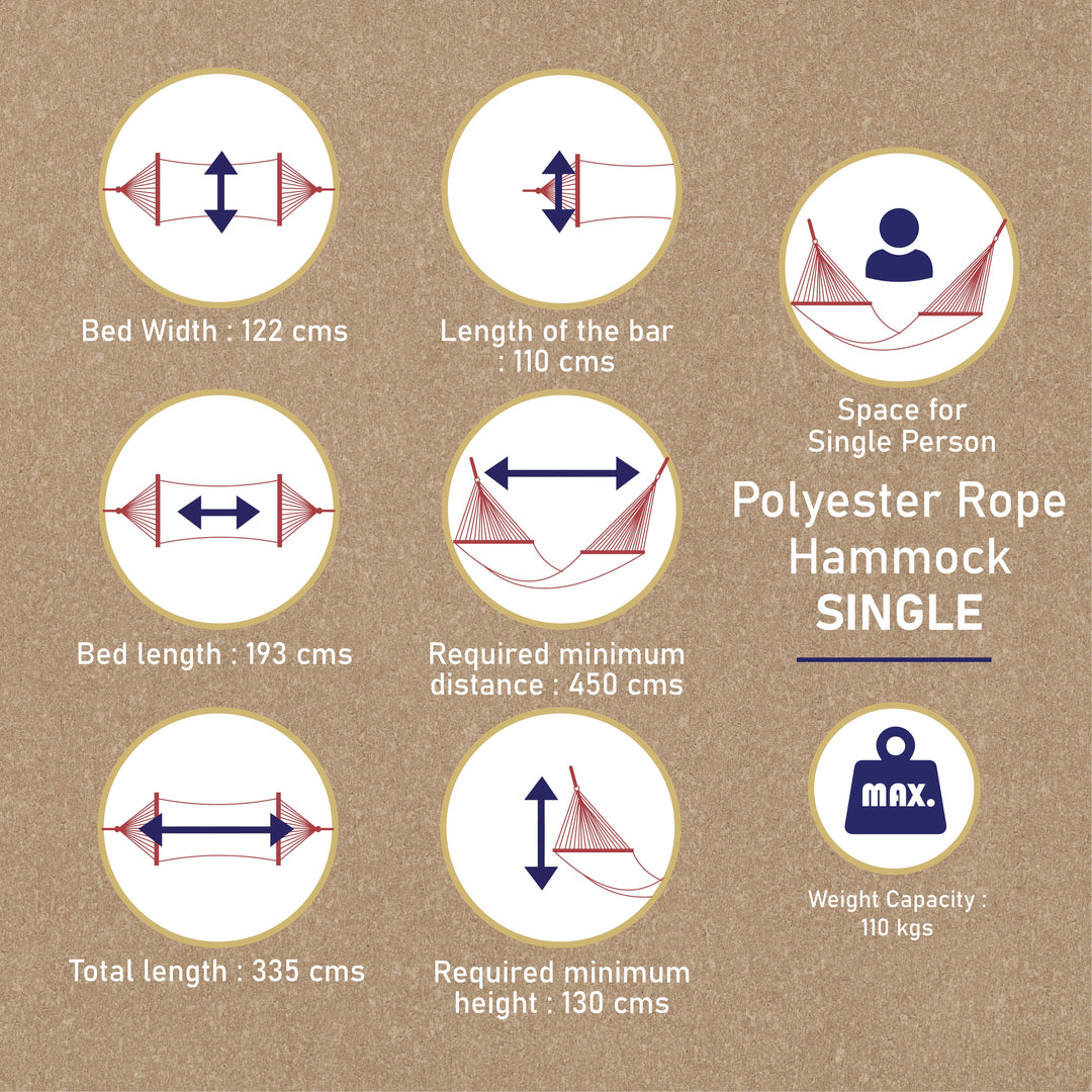 Slack Jack Polyester Rope Hammock for Single Person | Jhula for Adults & Kids with Hardwood Spreader Bars, Swing for Home Decor, Balcony, Patio, Garden | Includes Free Hanging Accessory