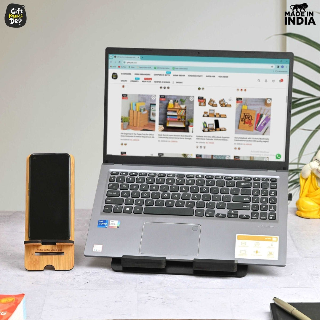 Gift Kya De 3 Level Portable Laptop Stand with Portable Mobile Holder Combo | Work From Home | Corporate Gifts