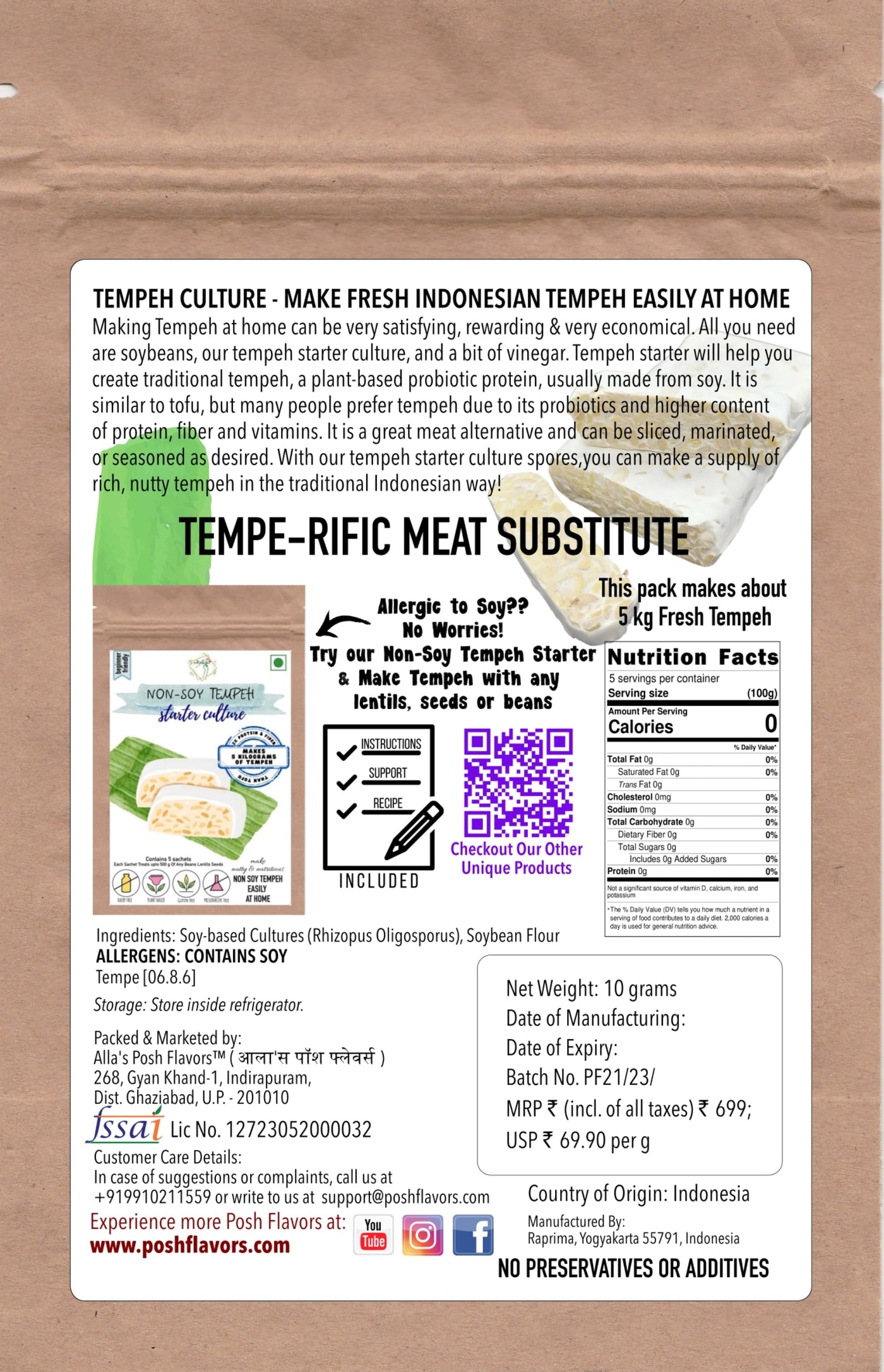 Alla's Posh Flavors Soy Tempeh Starter Culture | Makes 5 kg of Fresh Tempeh