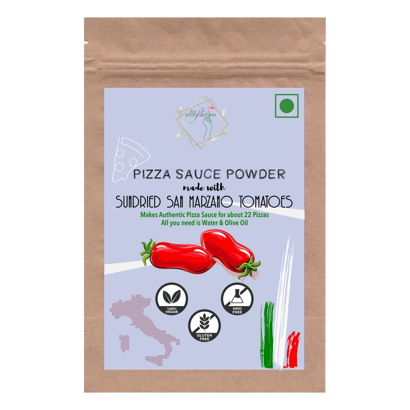 Alla's Posh Flavors San Marzano Tomatoes Pizza Sauce Powder 200g | Makes 1.1 kg of Tomato Sauce