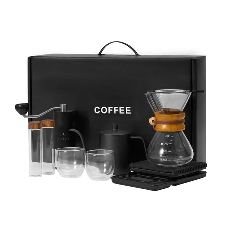 The Bean Co Roasters Roasters 9-Piece Pour-Over Coffee Set | Gooseneck Kettlel | Manual Grinder | Chemex-Style Carafe | Stainless steel filter Dripper, Glass Cups, Bean Holders & Premium Digital Scale