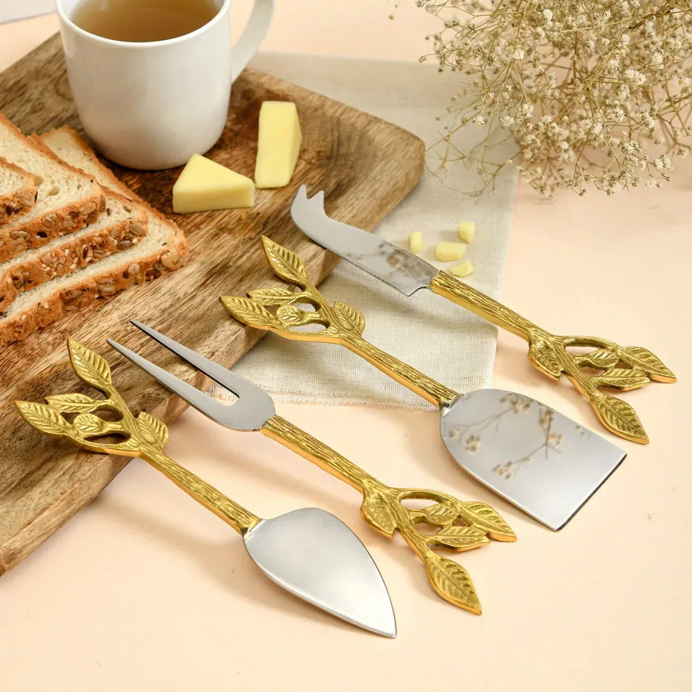 Pravaah Patram Cheese and Serving Knives | Stainless Steel and Lead Free Brass | Lead Design | Set of 4