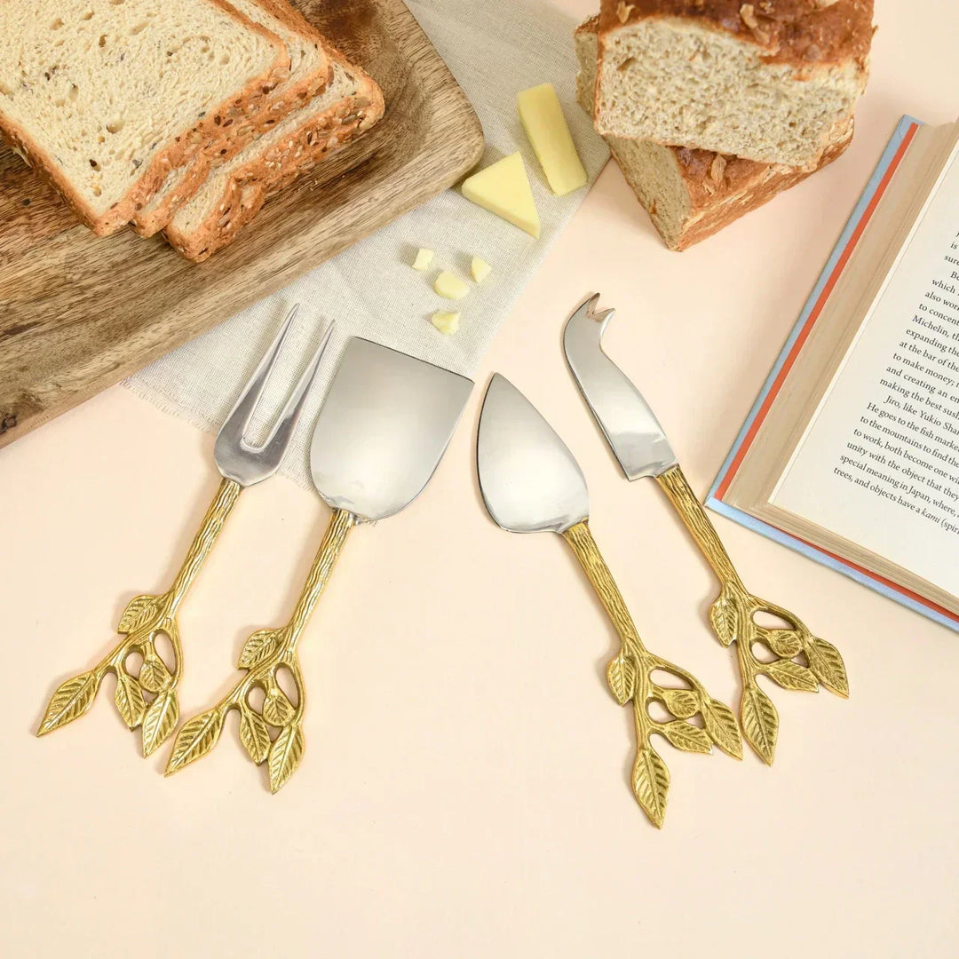Pravaah Patram Cheese and Serving Knives | Stainless Steel and Lead Free Brass | Lead Design | Set of 4