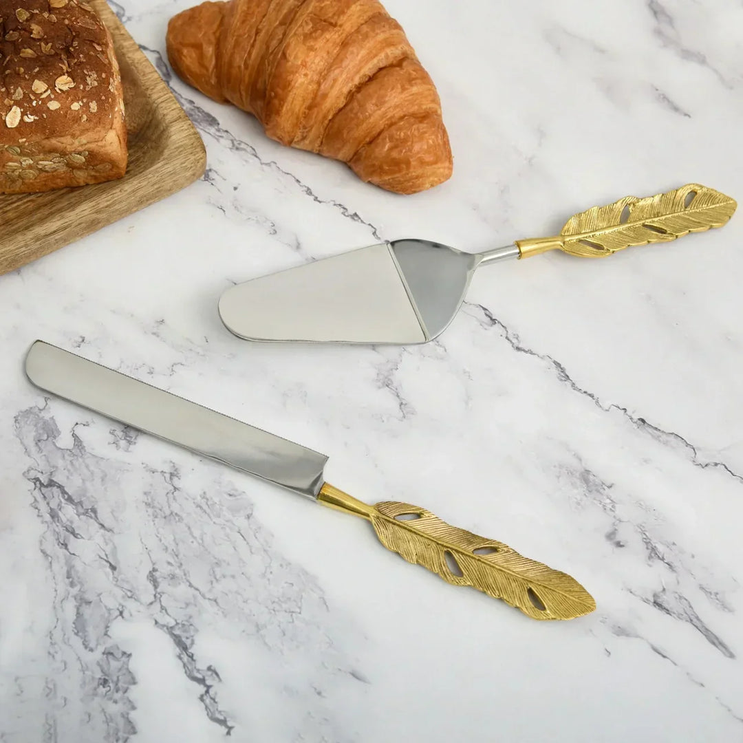 Pravaah Punkh Cake and Knife Server Set |- Feather Handle