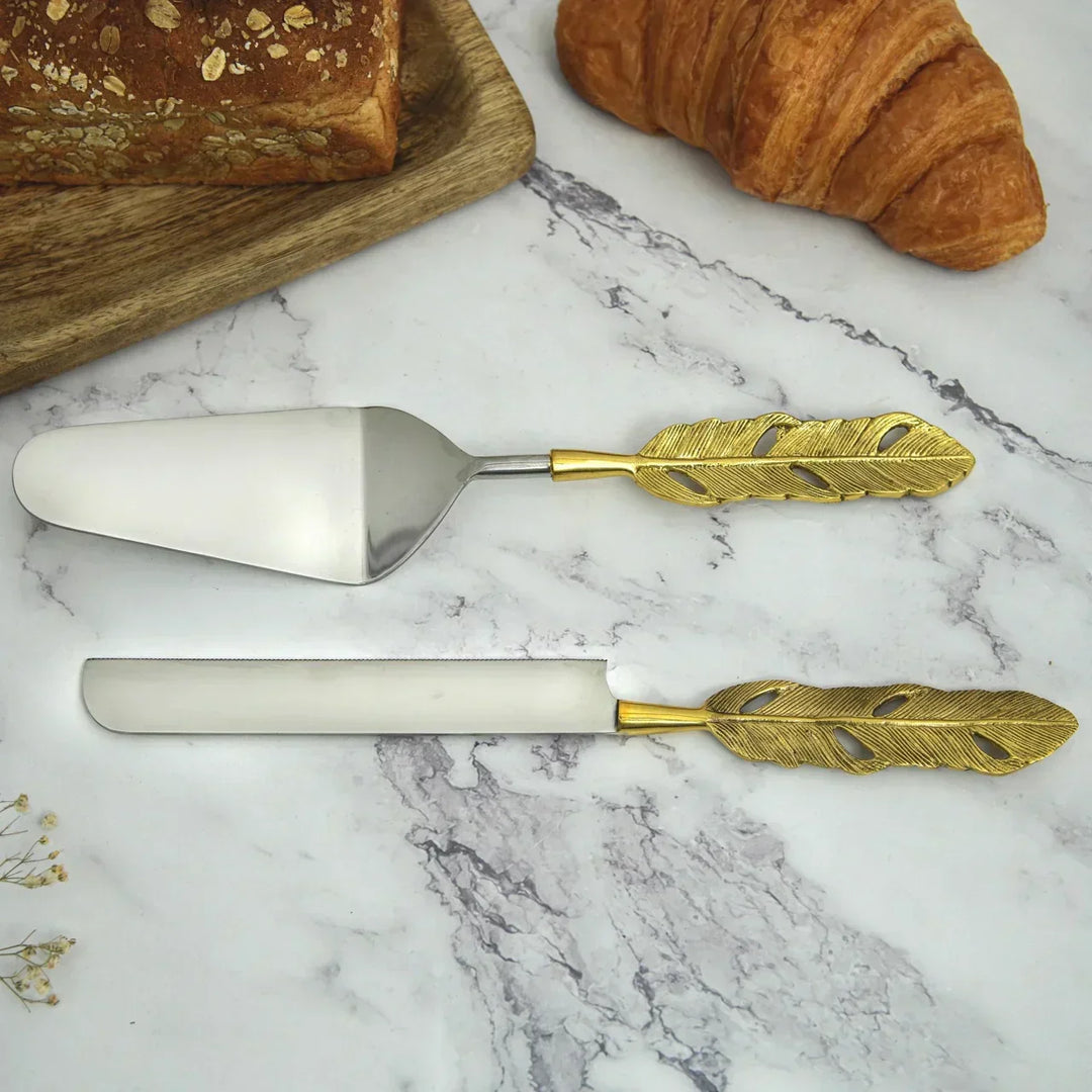 Pravaah Punkh Cake and Knife Server Set |- Feather Handle