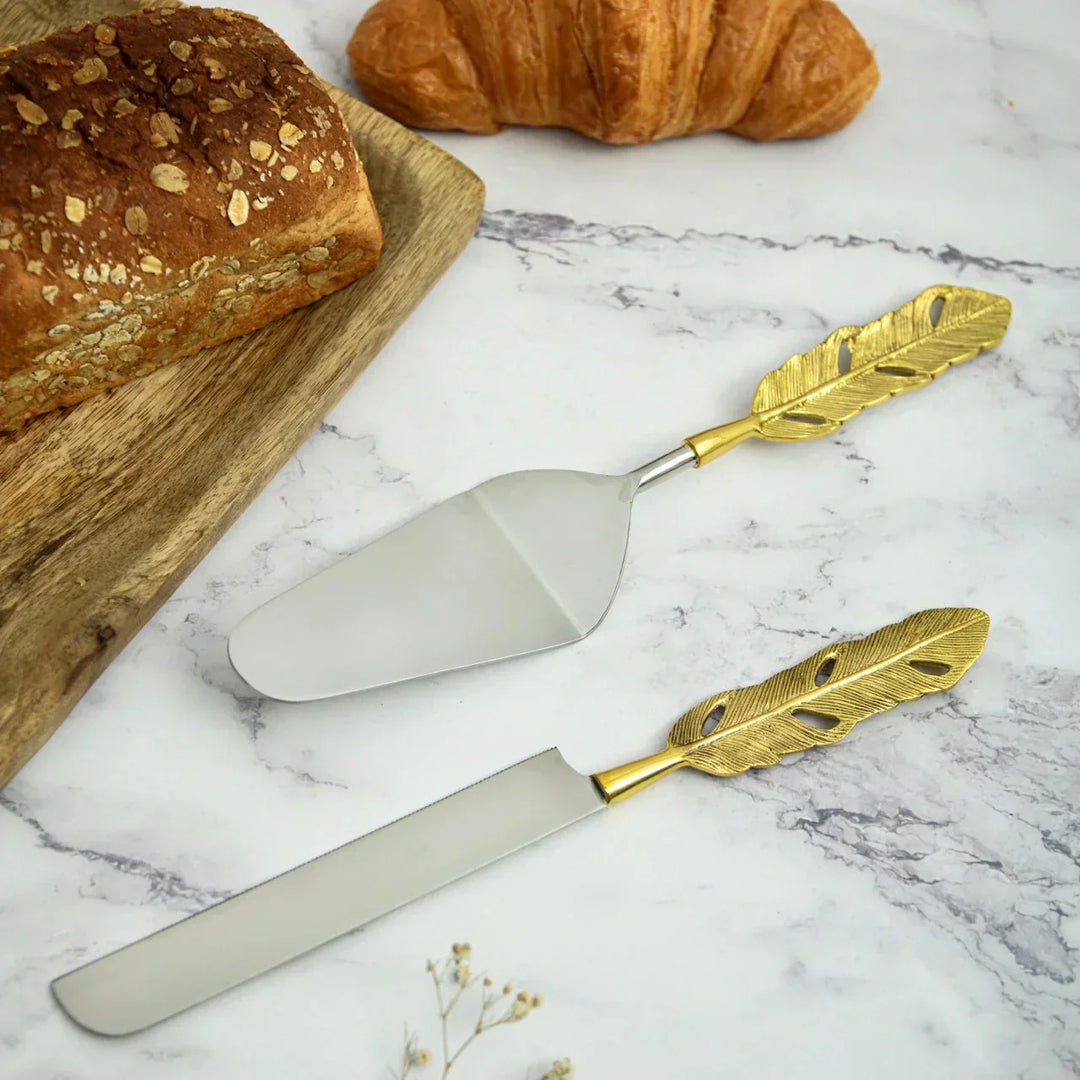 Pravaah Punkh Cake and Knife Server Set |- Feather Handle