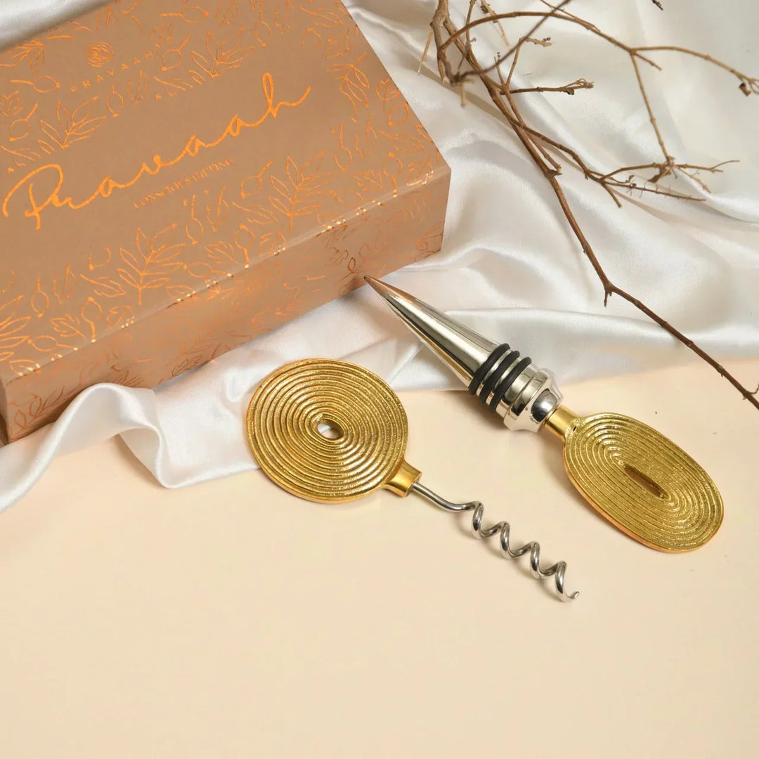 Pravaah Ekaantrik Brass Wine Cork and Opener Set