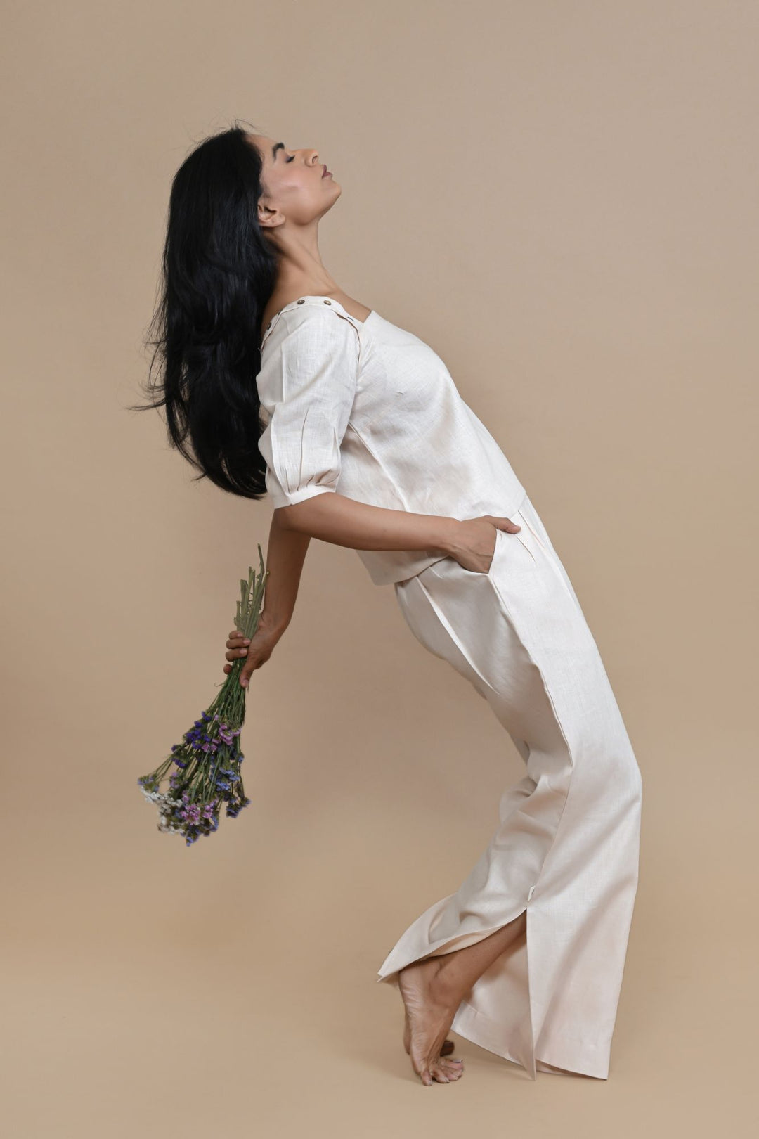 Pravaah Breathable Hemp Slit Flare Trousers | Peach