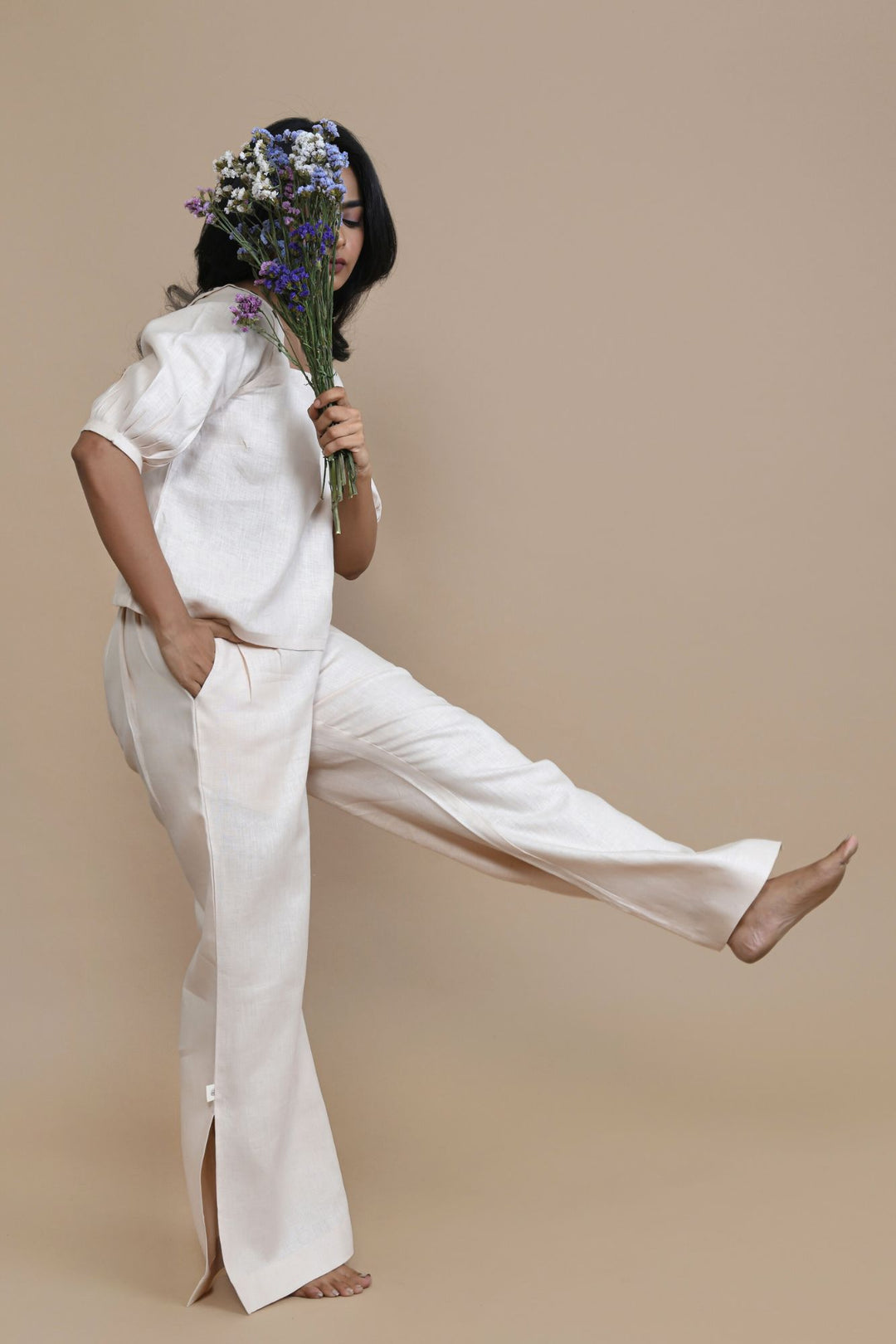 Pravaah Breathable Hemp Slit Flare Trousers | Peach