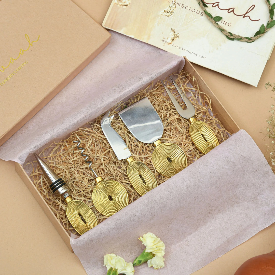 Pravaah Wine and Cheese Gift Hamper | Brass Cheese Knives and Brass Wine Accessories | Luxury Handmade Gifting