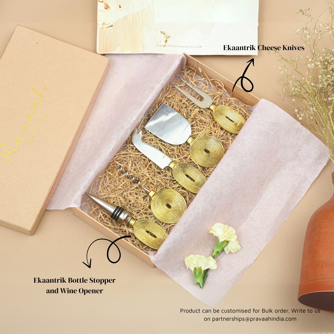 Pravaah Wine and Cheese Gift Hamper | Brass Cheese Knives and Brass Wine Accessories | Luxury Handmade Gifting
