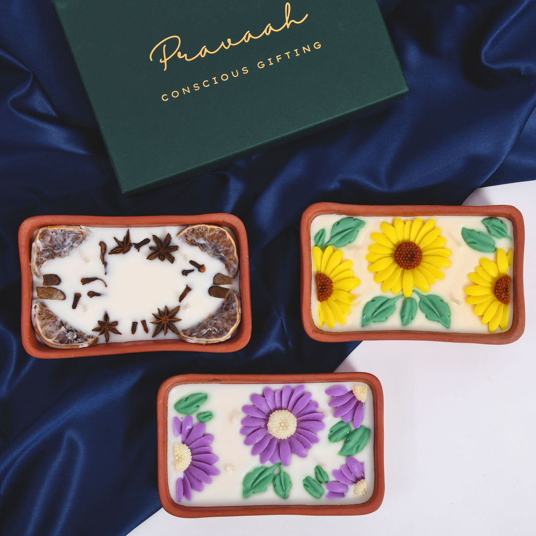 Pravaah Bagh Hand Poured Floral Soy Candle, 4 Wicks in Terracotta Bowl, Lavender Vanilla - Suspire