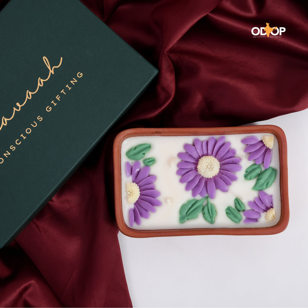 Pravaah Bagh Hand Poured Floral Soy Candle, 4 Wicks in Terracotta Bowl, Lavender Vanilla - Suspire