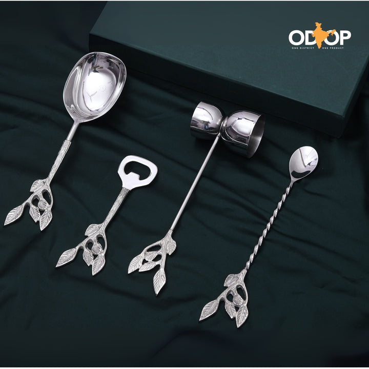 Pravaah Patram Bar Set, Solid Brass Handles, Luxury Gifting, Chrome Finish - Suspire