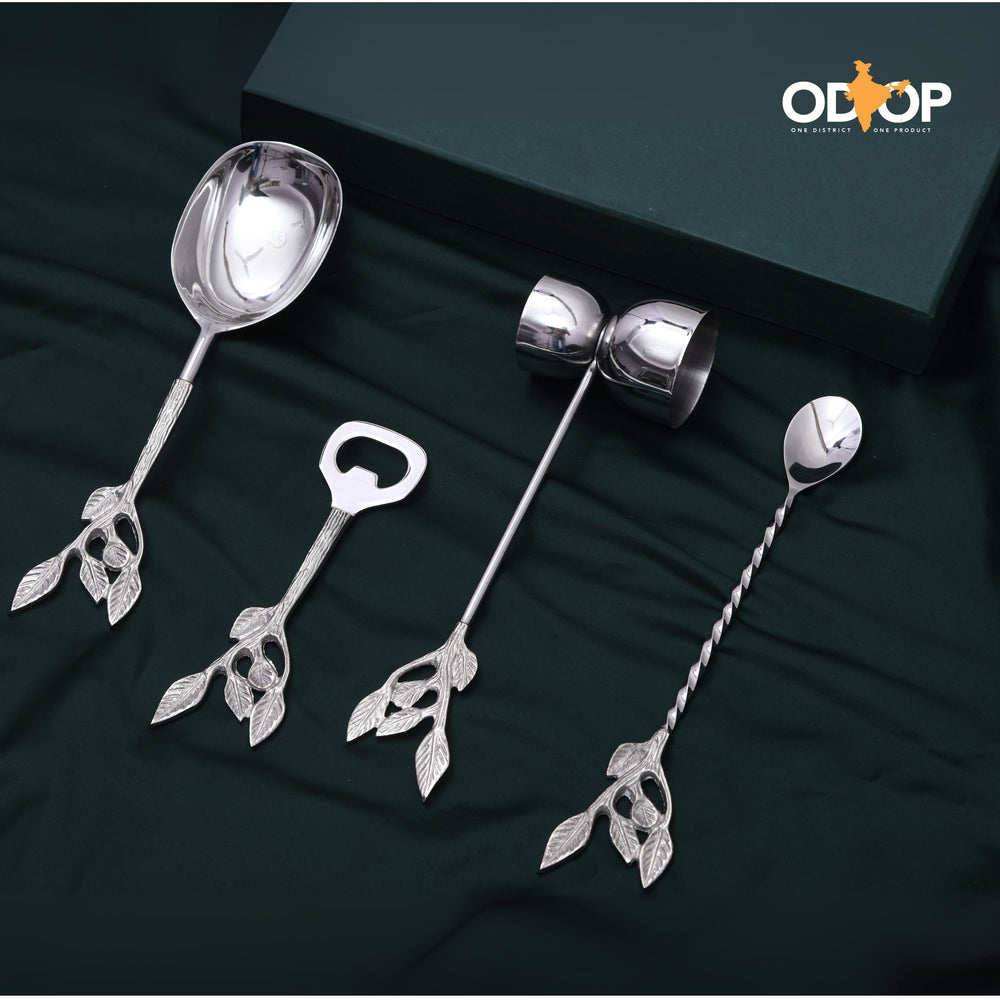 Pravaah Patram Bar Set, Solid Brass Handles, Luxury Gifting, Chrome Finish