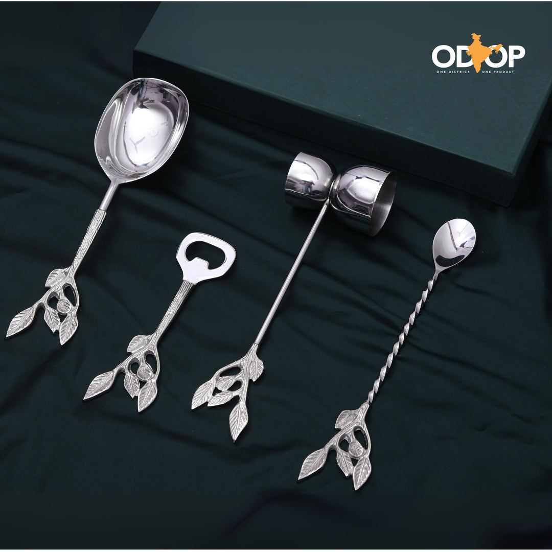 Pravaah Patram Bar Set, Solid Brass Handles, Luxury Gifting, Chrome Finish - Suspire