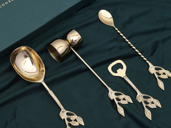 Pravaah Patram Bar Set, Solid Brass Handles, Luxury Gifting, Gold Finish