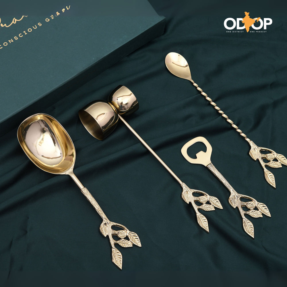 Pravaah Patram Bar Set, Solid Brass Handles, Luxury Gifting, Gold Finish